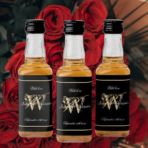 Black & Gold Elegante Monogram Chic Wedding Mini Alkoholflaschenetikett