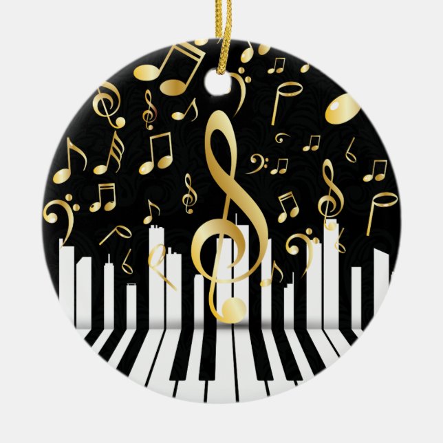 Black Gold Elegante Musiknote Klaviertasten Keramik Ornament (Vorne)