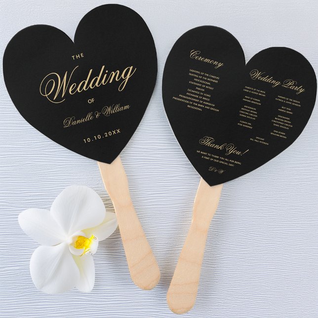 Black Gold Elegante Script Heart Wedding Program Fächer (Von Creator hochgeladen)