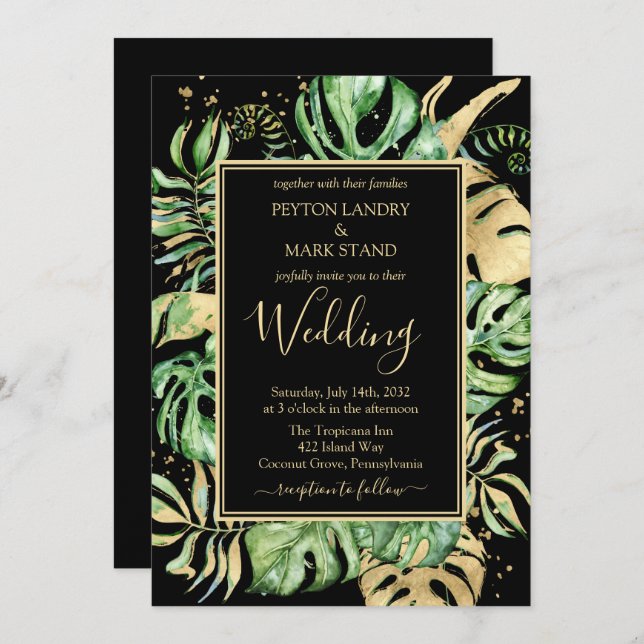 Black & Gold Elegante Tropical Foliage Hochzeit Einladung (Vorne/Hinten)