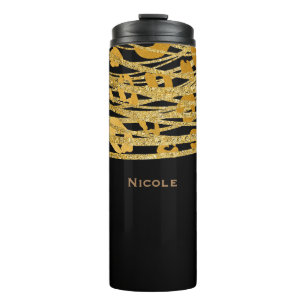 Black & Gold Eleganter Glitzer Leopard Cheetah Pri Thermosbecher
