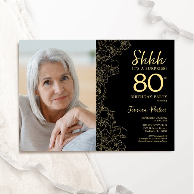 Black Gold Elegantes Überraschungs-Foto 80. Geburt Einladung (Von Creator hochgeladen)