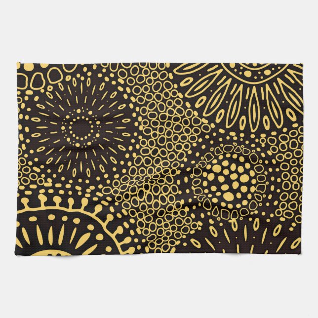 Black Gold Ethnic Floral Pattern Kitchen Towel Geschirrtuch (Horizontal)