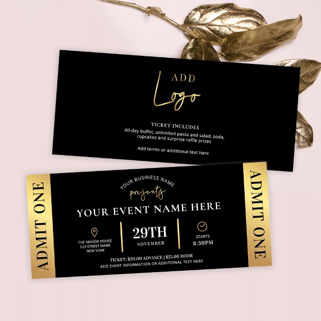 Black & Gold Event Ticket Business Logo Admit One Einladung (Luxurious black and gold event ticket with space for your custom text - use for any type of ticket)