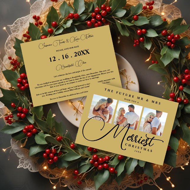 Black Gold Exquisite Hochzeit Weihnachten 3 Fotos Save The Date (Exquisite Wedding Christmas 3 Photos in Fake Gold & Black Holidays Cards as a Save the Dates Cards)