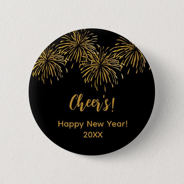 Black Gold Fireworks Frohes Neues Jahr Party Button (Vorderseite)
