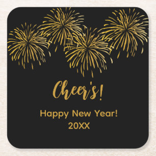 Black Gold Fireworks Frohes Neues Jahr Party Rechteckiger Pappuntersetzer