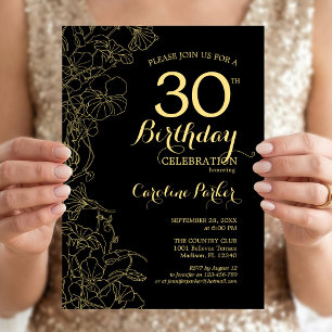 Black Gold Floral 30. Geburtstag Party Einladung
