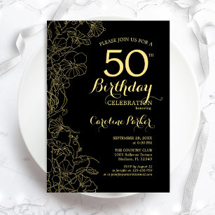 Black Gold Floral 50. Geburtstagsparty Einladung