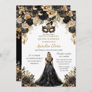 Black Gold Floral Blonde Masquerade Quinceañera Einladung