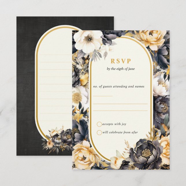 Black & Gold Floral Boarder Wedding Response Card RSVP Karte (Vorne/Hinten)