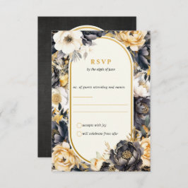 Black & Gold Floral Boarder Wedding Response Card RSVP Karte