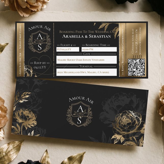 Black Gold Floral Boarding Plane Ticket Wedding Einladung (Black Gold Floral Boarding Plane Ticket Wedding Invitation)