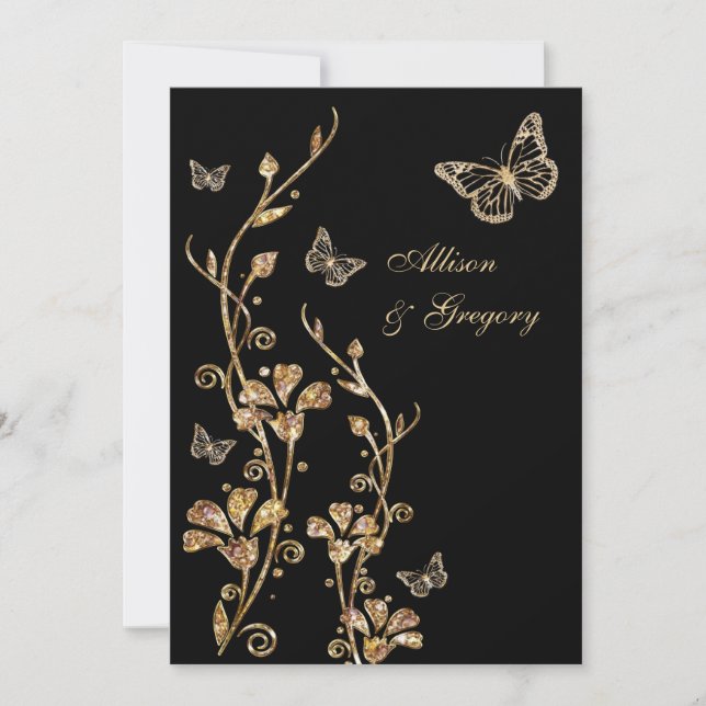 Black Gold Floral Butterflies Einladung Hochzeit (Vorderseite)