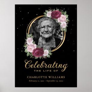 Black Gold Floral Celebration of Life Funeral Sign Poster