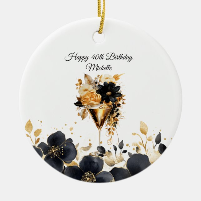 Black Gold Floral Cocktail Drinks 40th Birthday Keramik Ornament (Vorne)