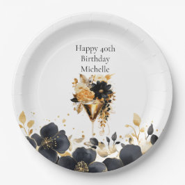 Black Gold Floral Cocktail Drinks 40th Birthday Pappteller