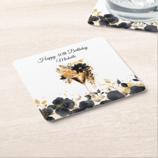 Black Gold Floral Cocktail Drinks 40th Birthday Rechteckiger Pappuntersetzer