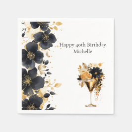 Black Gold Floral Cocktail Drinks 40th Birthday Serviette