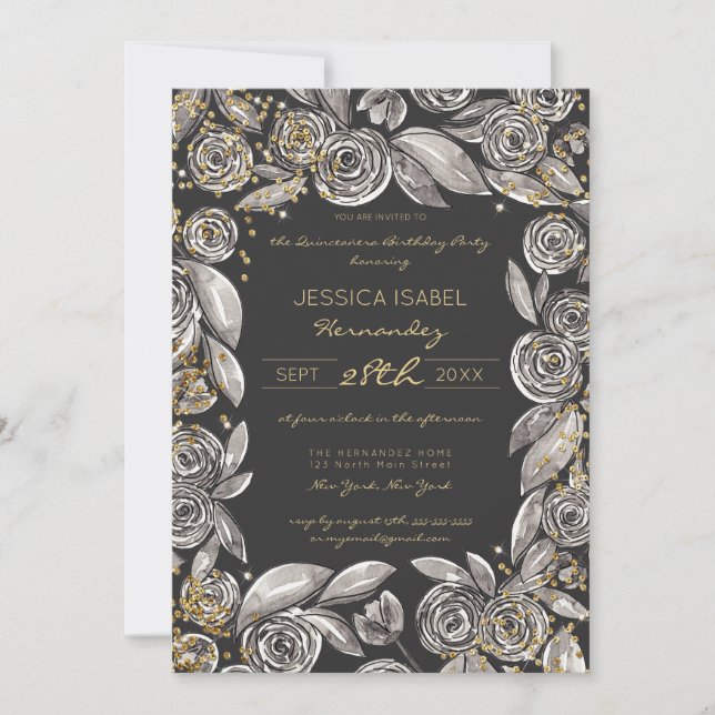 Black Gold Floral Confetti Wasserfarbe Quinceañera Einladung (Vorderseite)