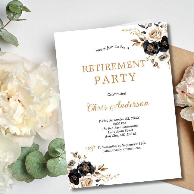 Black Gold Floral Elegantes Party Modernes Altenhe Einladung (Black Gold Watercolor Florals Retirement Party Invitation. Elegant and Modern. Printed or Digital )