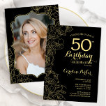 Black Gold Floral Foto 50. Geburtstagsparty Einladung<br><div class="desc">Schwarzes Gold Blumenladen zum 50. Geburtstag mit Ihrem Foto auf der Kartenrückseite. Minimalistisch modernes Design mit botanischen Kontur Zeichnungen Akzente,  Imitate Goldfolie und Typografie Drehbuch Schriftart. Einfache,  trendige Einladungskarte für eine stilvolle Damenfeier. Kann für jedes Alter angepasst werden. Gedruckte Zazzle Einladungen oder Sofortdownload digitalen druckbaren Vorlage.</div>
