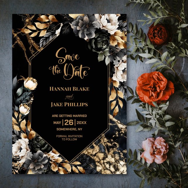 Black Gold Floral Geometric Wedding Save The Date (Von Creator hochgeladen)