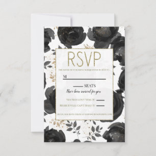 Black Gold Floral Glam Blätter Hochzeit RSVP Karte