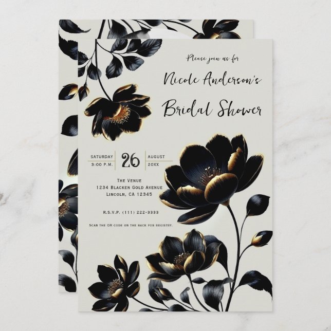 Black & Gold Floral Greige Brautparty Einladung (Vorne/Hinten)