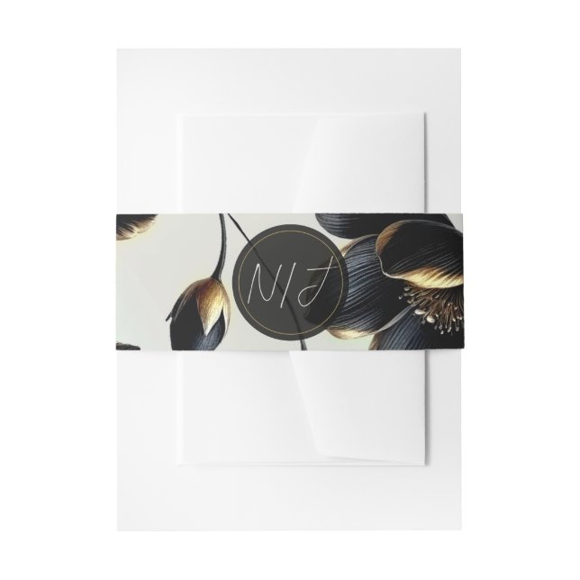 Black & Gold Floral Greige Wedding Einladungsbanderole (Vorderseite Beispiel)