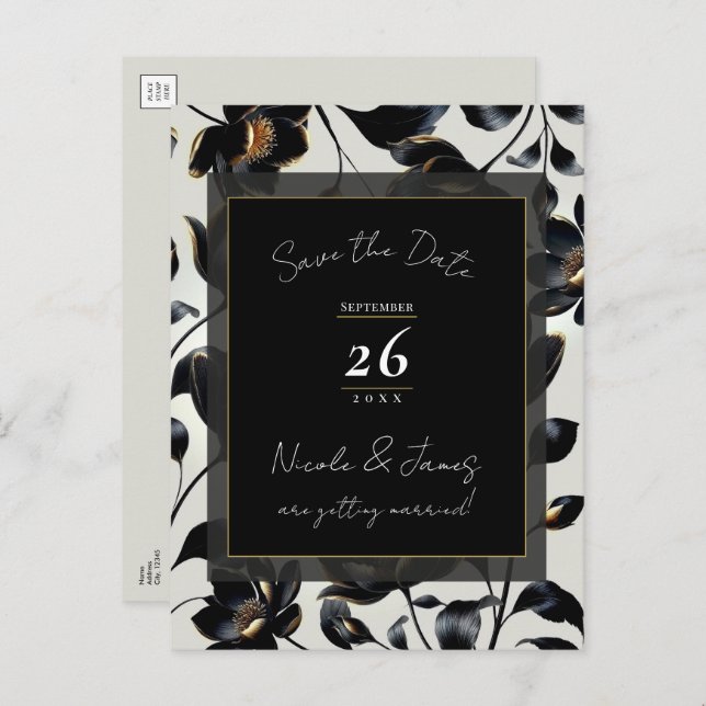 Black & Gold Floral Greige Wedding Save the Date Ankündigungspostkarte (Vorne/Hinten)