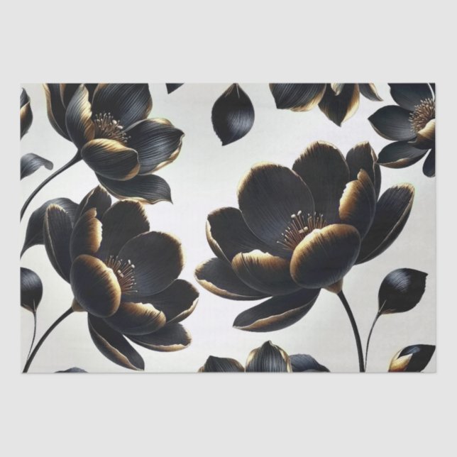 Black & Gold Floral Greige Wedding Seidenpapier (Vorderseite)