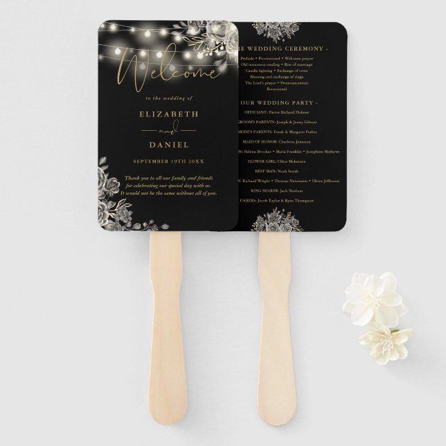 Black Gold Floral Lights Gothic Wedding Programm Fächer (Vorne und Hinten)
