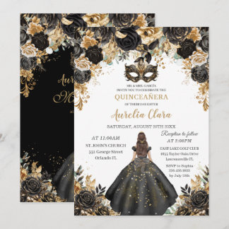 Black Gold Floral Masquera Ball Quinceañera Einladung