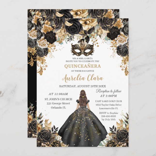 Black Gold Floral Masquera Ball Quinceañera Einladung (Vorne/Hinten)