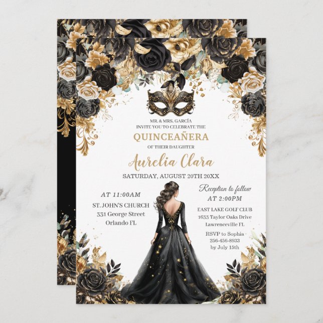 Black Gold Floral Masquera Ball Quinceañera Einladung (Vorne/Hinten)