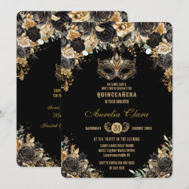 Black Gold Floral Masquera Ball Quinceañera Einladung