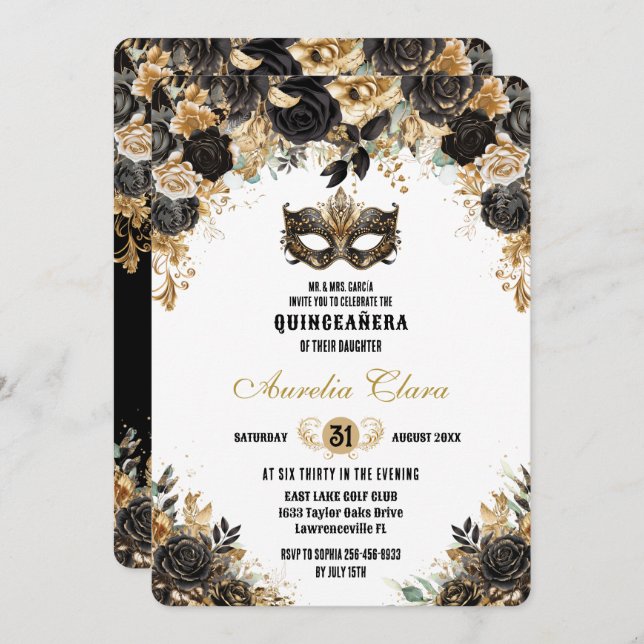 Black Gold Floral Masquera Ball Quinceañera Einladung (Vorne/Hinten)