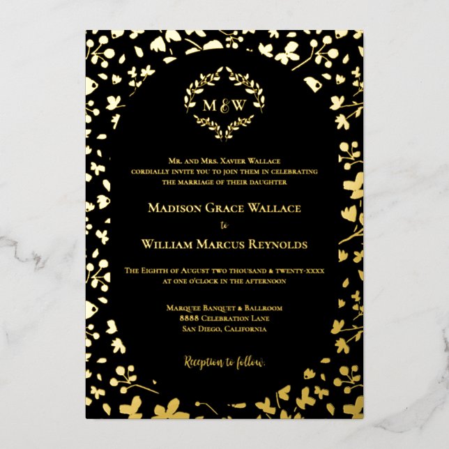 Black & Gold Floral Monogram Elegant Luxe wedding Folieneinladung (Vorderseite)