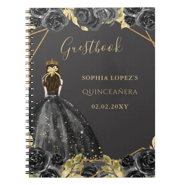 Black Gold Floral Princess Quinceanera Gästebuch Notizblock (Vorderseite)
