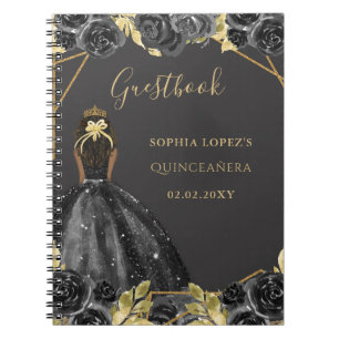 Black Gold Floral Princess Quinceanera Gästebuch Notizblock