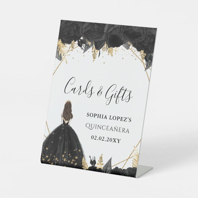 Black Gold Floral Princess Quinceanera Sockelschild (Vorderseite)