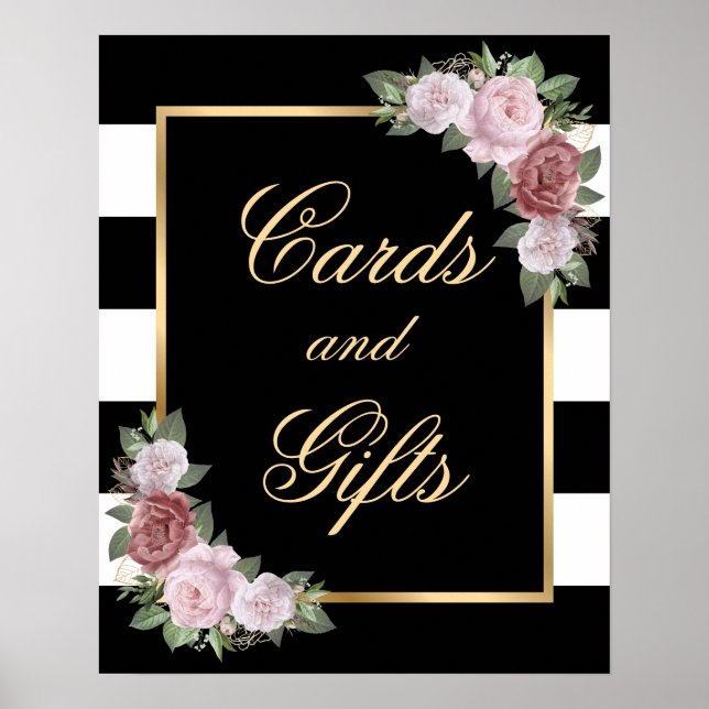 Black Gold Floral Wedding Cards and Gifts Sign Poster (Vorne)