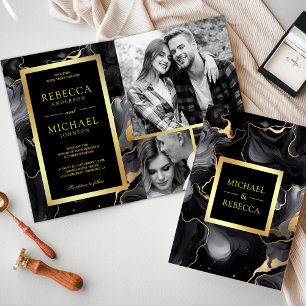 Black Gold Fluid Tinte QR Code Foto Collage Weddin Einladung