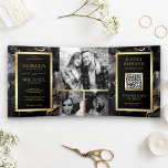 Black Gold Fluid Tinte QR Code Hochzeit Dreifach Gefaltete Einladung<br><div class="desc">Erleben Sie Ihren Aufenthalt mit dieser eleganten Hochzeitsfeier mit einem abstrakten Design und moderner Typografie mit QR-Code für Online-UAWG. Fügen Sie einfach Ihre Veranstaltungsdetails zu dieser benutzerfreundlichen Vorlage hinzu und schmücken Sie diese Karte mit Ihren bevorzugten Fotos,  um sie zu einer einmaligen Einladung zu machen.</div>