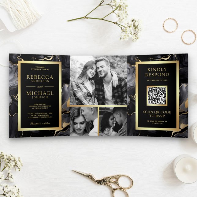 Black Gold Fluid Tinte QR Code Hochzeit Dreifach Gefaltete Einladung (Von Creator hochgeladen)