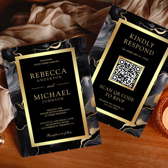 Black Gold Fluid Tinte QR Code Hochzeit Einladung (Von Creator hochgeladen)