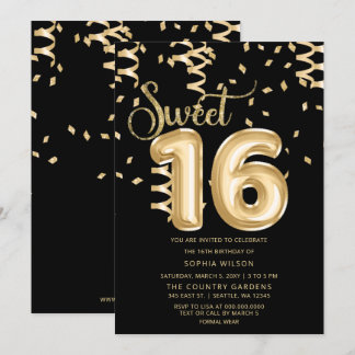 Black Gold Foil Ballon Sweet 16 Geburtstag Einladung