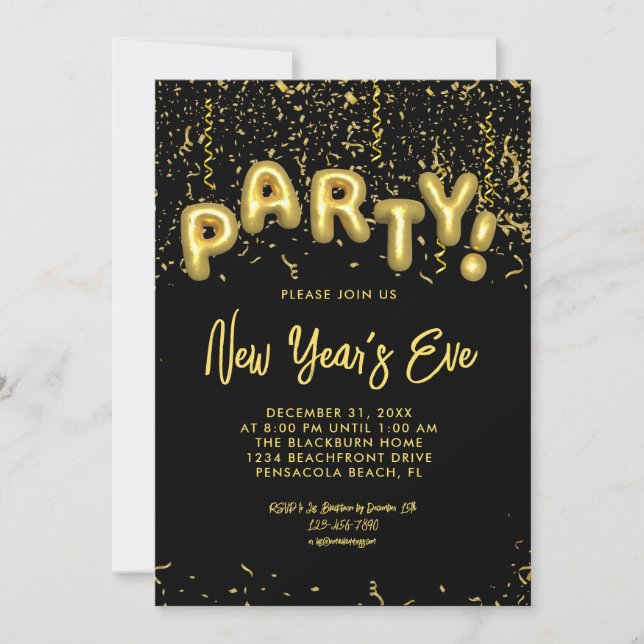Black & Gold Foil Balloons New Year's Eve Party Einladung (Vorderseite)