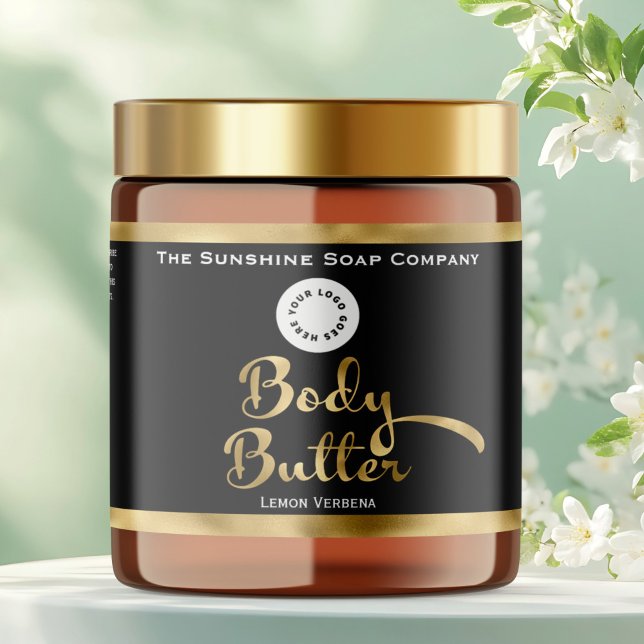 Black & Gold Foil Body Butter Jar Label mit Logo Wasserflaschenetikett (Von Creator hochgeladen)